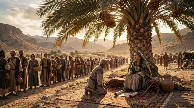 Deborah the prophetess judging Israel. Sitting in wisdom under the massive Palm of Deborah in the hill country