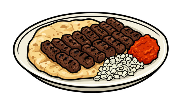 Cevapi grilled minced meat sausages with somun bread and ajvar vector illustration