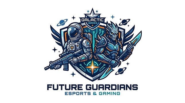 Galactic heroes esport mascot logo featuring futuristic astronaut and alien warrior design on white background