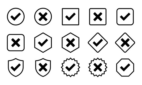 Set of check mark and cross mark icons in various geometric shapes
