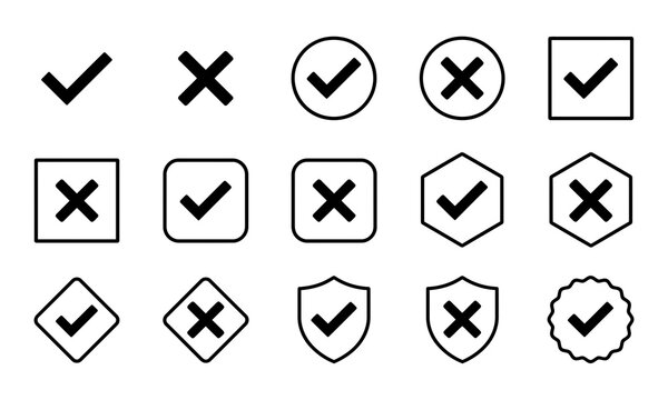 Set of check mark and cross mark icons in various shapes
