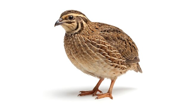 A single brown common quail standing isolated on a white background.