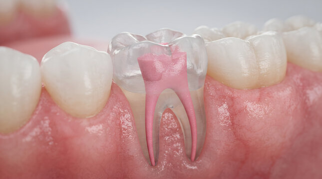 A detailed anatomical model of a transparent tooth highlighting the root canal system filled with pink gutta-percha. The clear tooth structure is set in realistic pink gums alongside healthy white...