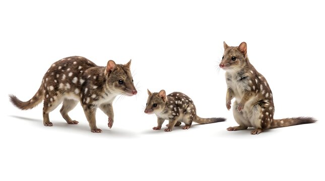 A group of spotted quolls standing together isolated on a white background.
