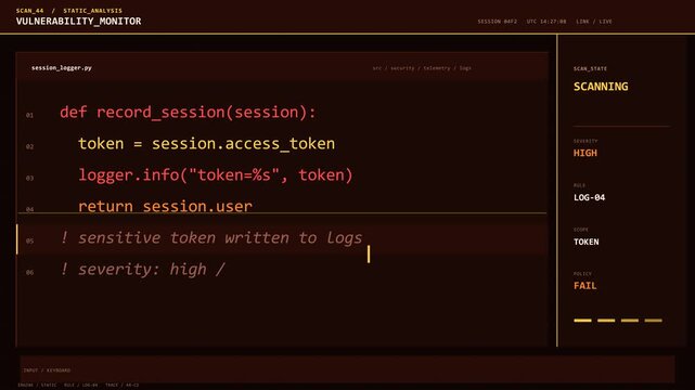 Cybersecurity vulnerability monitoring interface displays code scanning process detecting high-severity token relay threat. Dark terminal shows progressive alert stages. Critical for security.
