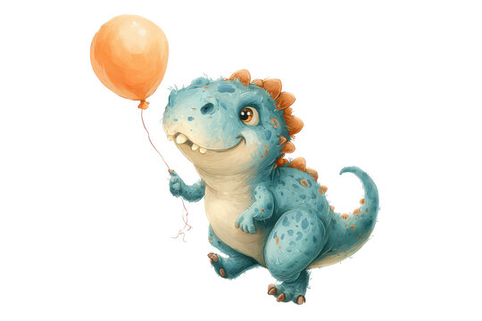 Joyful cartoon Tyrannosaurus Rex dinosaur holding an orange balloon with a happy expression, isolated on transparent background