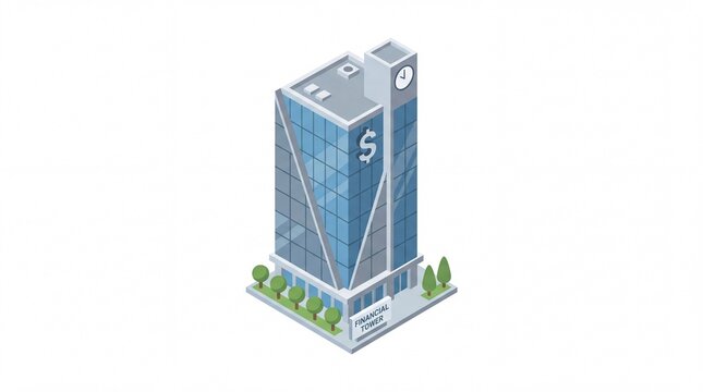 Isometric 3D vector illustration of a modern corporate bank building with glass facade and dollar sign