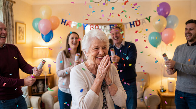 Delighted senior woman celebrating eightieth birthday with family balloons confetti, authentic active aging concept showing independence daily value value value value value value value