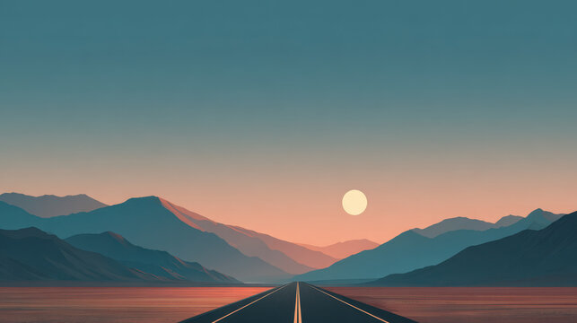 Road stretching toward distant mountains under a glowing sunset sky in a serene landscape.