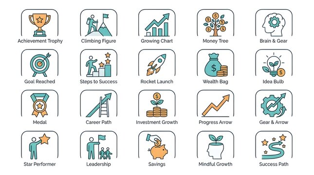Business growth and achievement icon set featuring accomplishment trophy, coaching program, growth chart, money tree, bonus goal, reward launch, smart business, target, promotion, success, saving, mar