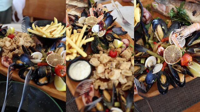 Seafood platter collage presents grilled fish mussels clams langoustines vegetables lemon and french fries served as a generous restaurant meal for sharing