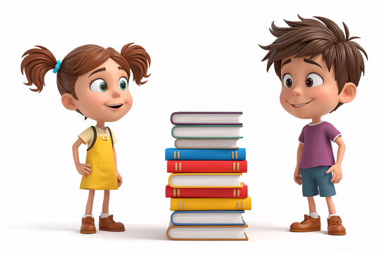 Cute little girl and boy and stack of books isolated on white background, 3D design