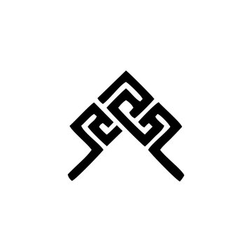 Minimalist black geometric symbol with intricate meander pattern on white background.