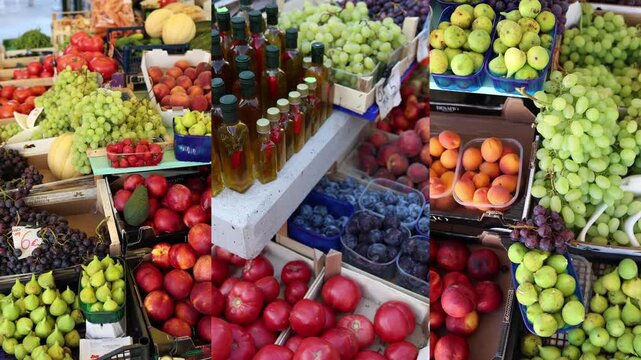 Colorful farmers market display offers fresh grapes figs peaches strawberries tomatoes and other seasonal produce alongside bottles of infused olive oil
