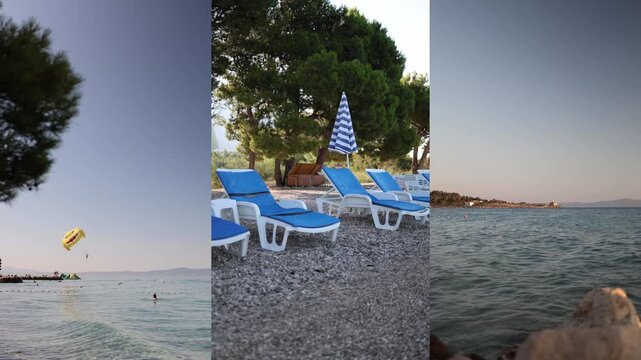 Summer vacation collage combines parasailing above calm sea empty sun loungers on a pebble beach and peaceful coastal scenery during a warm evening