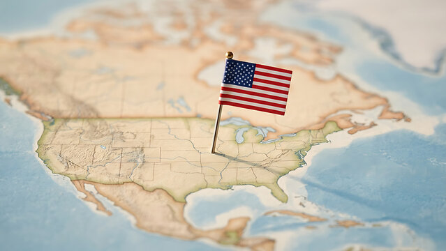 A small American flag marking the United States on a map of North America