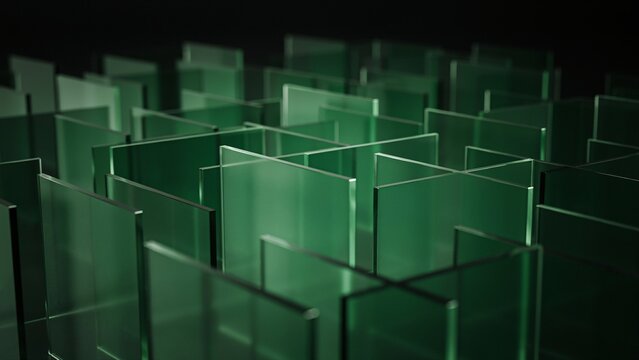 Intersecting green glass panels forming a maze-like grid