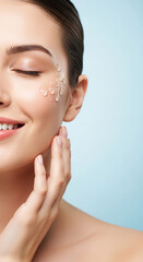 Obraz premium Close-up of a woman's face with water droplets on skin, symbolizing hydration, skincare, and beauty, suggesting a fresh and radiant appearance.