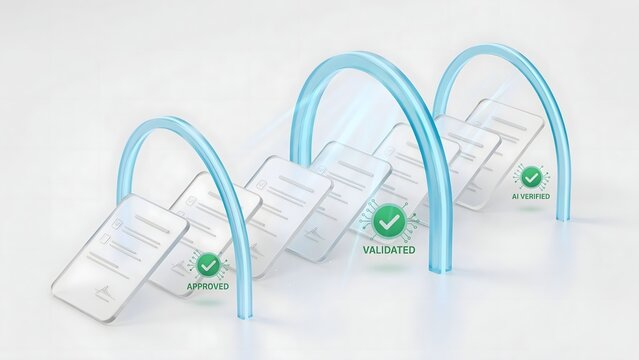 3D digital forms moving through AI validation gates &ndash; Suitable for compliance verification, digital sign-off, or online security.