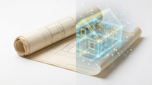Architectural Blueprint Transforming into Smart House Hologram Design