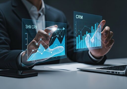 Business professional analyzing CRM and SHM CRM data on futuristic holographic displays.