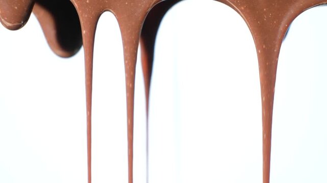 Slow motion of chocolate sauce dripping on white background