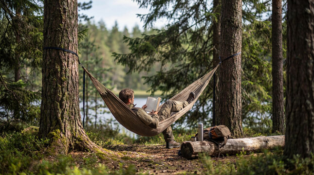 Man reading book in hammock between forest trees near lake, outdoor relaxation, digital detox, slow travel, peaceful leisure, nature retreat, suitable for editorial themes, marketing