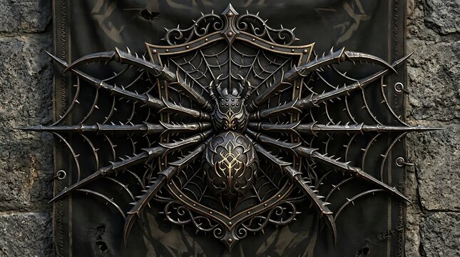 Intricate dark spider metal emblem featuring ornate gothic shield design and sharp spider web on white background