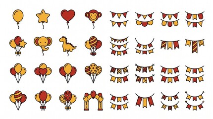 Fototapeta premium Carnival balloons and bunting flags set. Festive party decorations for celebration design.