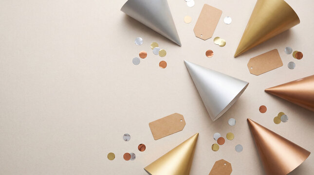 Metallic party hats, blank gift tags, confetti on neutral background, birthday celebration flat lay, event planning, festive copy space, suitable for editorial themes, marketing campaigns,