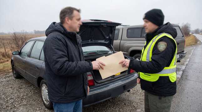 Man exchanging envelope with roadside officer beside open car trunk on wet rural road creating document inspection concept for traffic procedure compliance assistance official interaction