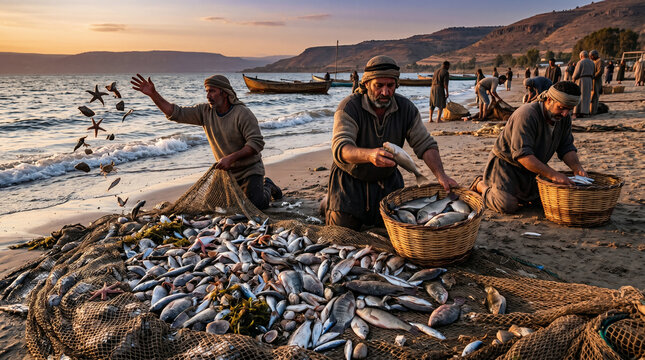 The Parable of the Net. Fishermen sitting on the shore, sorting a massive catch, keeping the good fish in baskets and throwing the bad away