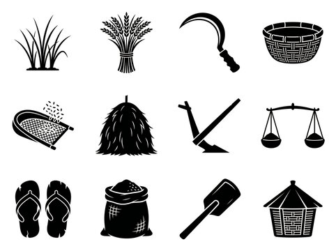 Black and white farming and agriculture icon set featuring harvest tools and rural life supplies, agriculture