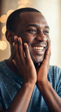 Close-up of a smiling Black man's face, with hands on cheeks, showcasing joy and contentment. Background bokeh lights symbolize warmth and celebration.