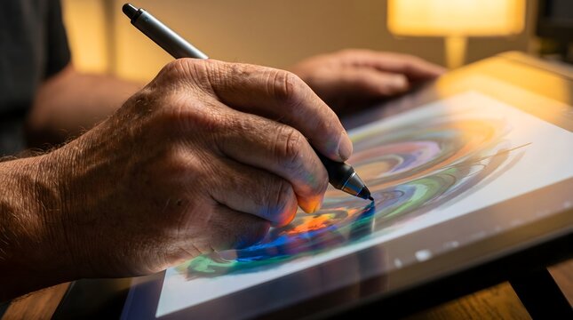 Senior artist drawing on digital graphics tablet with stylus pen. Close-up of professional illustrator creating colorful abstract art in studio.