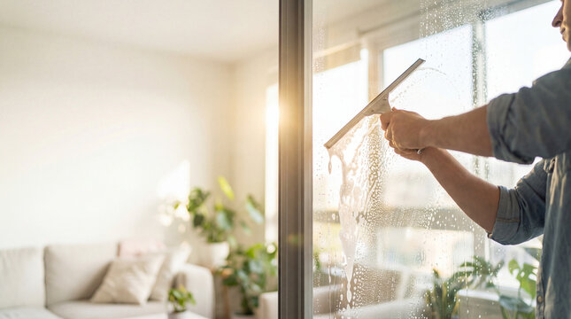 Professional cleaner using squeegee on soapy glass window in bright home creating cleaning service concept for hygiene maintenance household care clear views skilled labor property upkeep