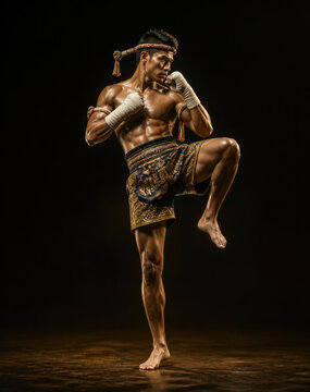 Muay Thai Fighter in Traditional Gold Shorts and Hand Wraps Performing High Kick Against Black Background, Concept of Martial Arts Strength and Cultural Heritage