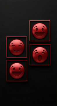 Four glossy red emoji faces within red frames on a dark background, symbolizing emotions and digital communication.
