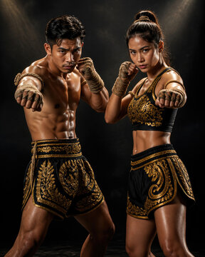 Professional male and female Muay Thai fighters in golden ornate boxing shorts posing in fighting stance against dark background, athletic sport concept