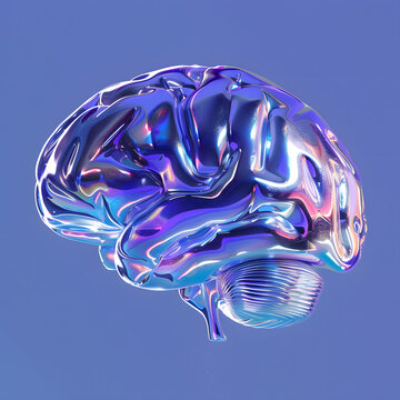 Futuristic iridescent human brain with glossy transparent texture, isolated on blue background. Creative neuroscience, AI, cognition and technology concept in vibrant 3D render.