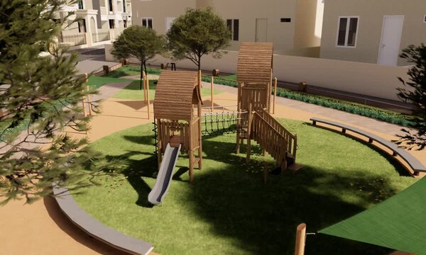 Children public playground in local area among housing building complexes. Wooden double tower with slides, bridge, and green shades