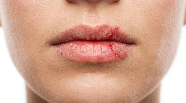 Extreme dry lips close up showing cracked skin and bleeding, medical treatment for painful dry lips and dehydration, professional dermatology photo of chapped dry lips.
