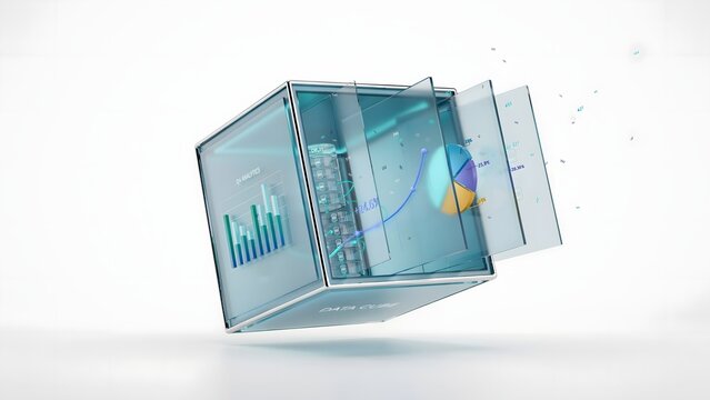 3D data cube opening with internal analytics and database &ndash; Perfect for business intelligence, data mining, or corporate analytics.