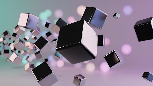3D rendered cubes floating against a gradient background with bokeh lights
