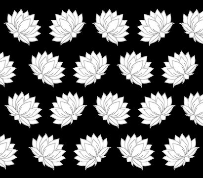 White lotus flower seamless pattern  illustration on black background