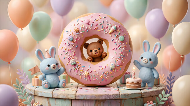 Cute teddy bear peeking through a pink frosted donut with toy bunnies at a birthday party