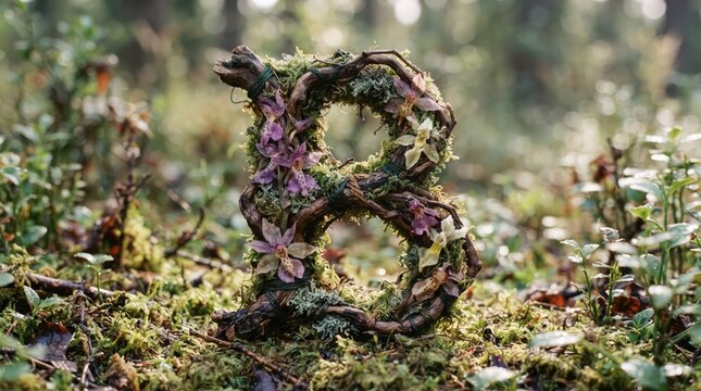 Wrought iron letter c covered in green ivy