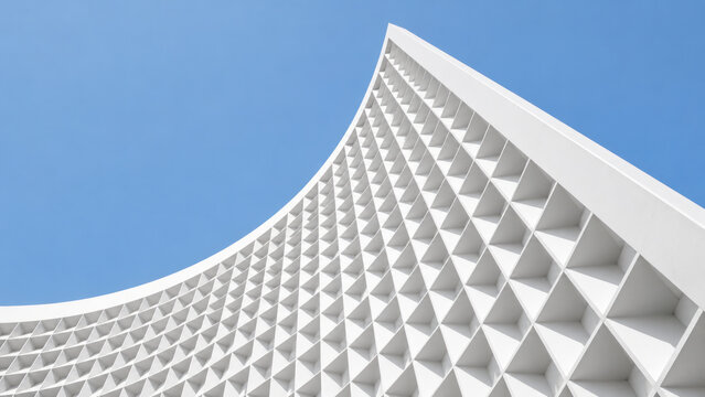 Curved White Modern Architecture Facade with Grid Pattern, Geometric Concrete Grid Structure, Futuristic Building Exterior