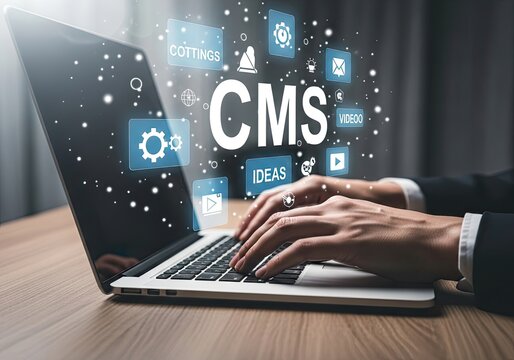 Content Management System CMS Technology Concept with Laptop and Icons.
