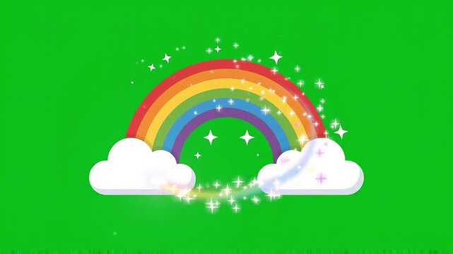 Animated Colorful Rainbow Icon with Clouds and Sparkles on Green Screen
